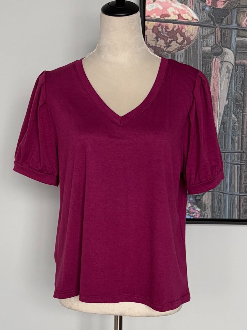 Fuschia Puff Sleeve V-neck Tee L